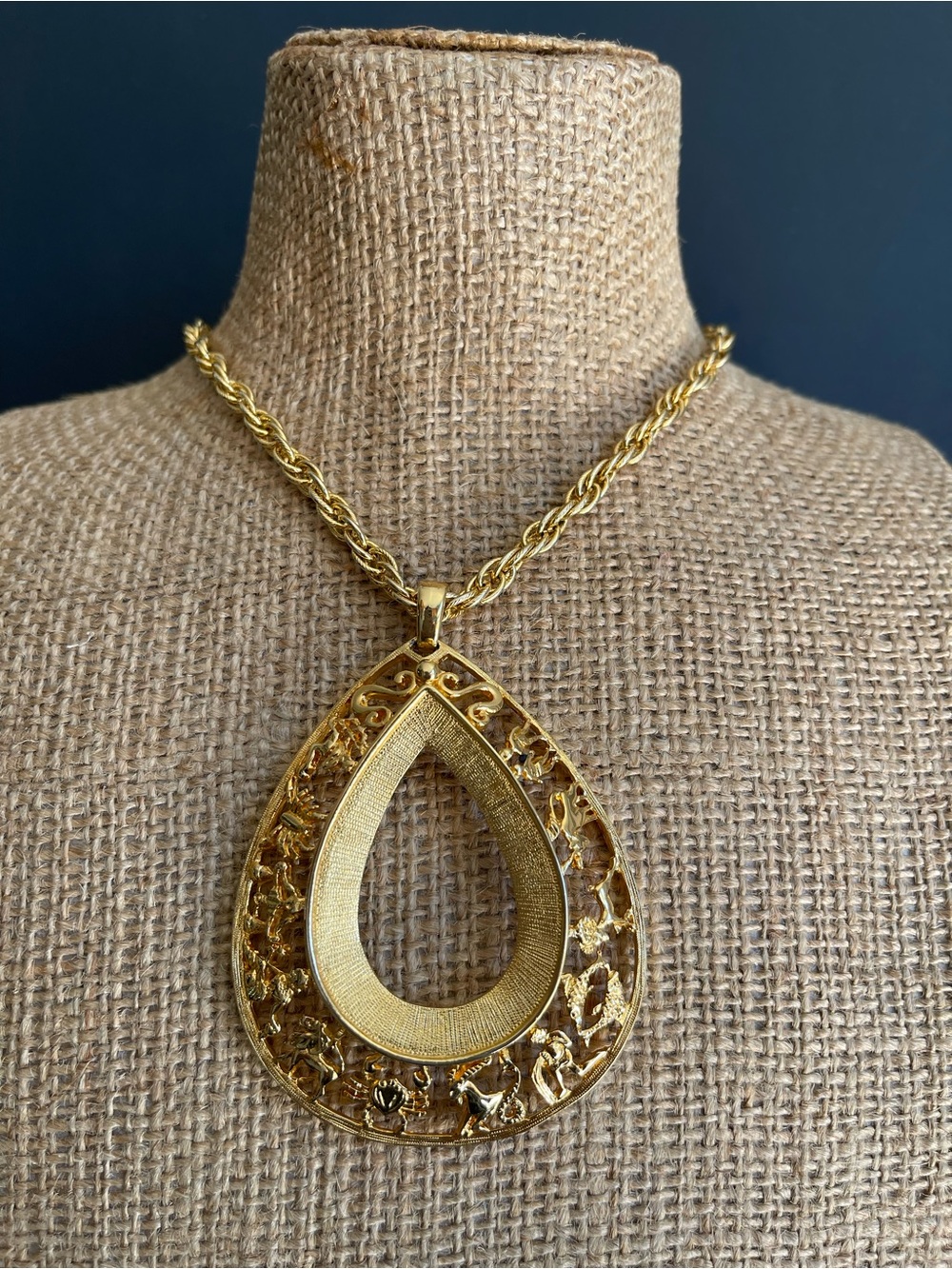 Vintage ACT ll Gold Tone Zodiac SignsTeardrop Pendant Necklace.
